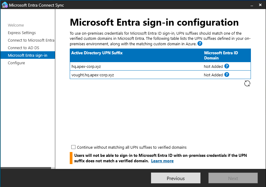 Entra Connect sign-in screen showing more details of the UPN mismatch warning with affected domain suffixes listed